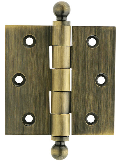 3 inch Solid Brass Door Hinge With Ball Finials in Antique Brass Finish.